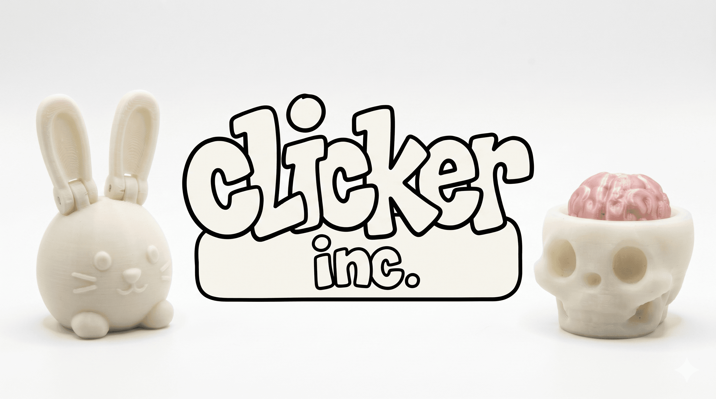 Clicker Inc. — a 3D-printed bunny clicker on the left, the clicker inc. logo in the middle, and a 3D-printed skull clicker with a pink brain on the right